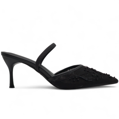 BLACK EMBROIDERED MESH SLINGBACKS