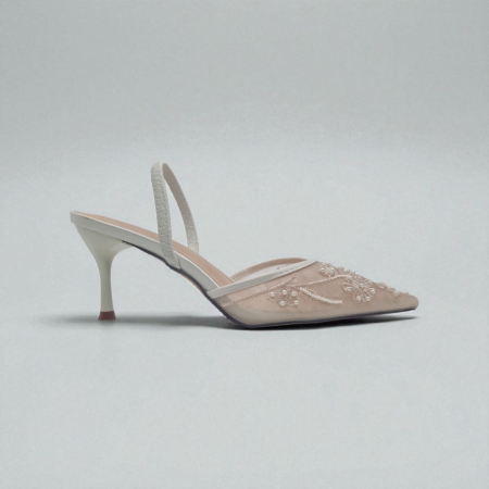 WHITE EMBROIDERED MESH SLINGBACKS