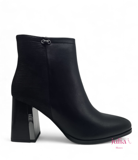 DUAL-TEXTURE ANKLE BOOT WITH CEOMETRIC METALLIC -DEAIL HEEL