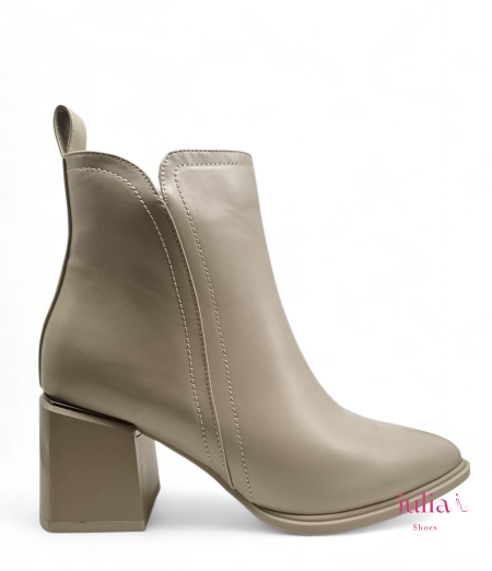 V- CUT ANKLE BOOT WITH METALLIC-ACCENT BLOCK HEEL